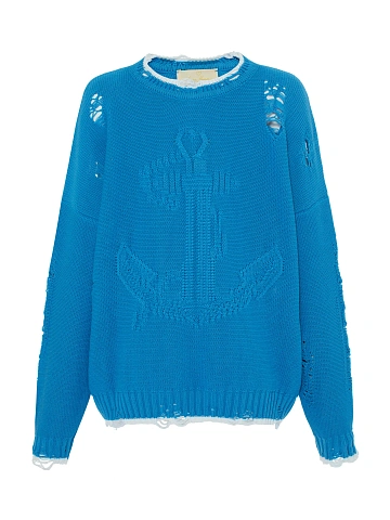 Blue & White Unisex Anchor Cotton Sweater, 1