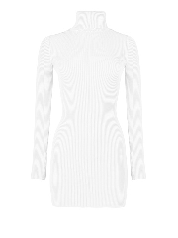 White Rib Knit Turtleneck Mini Dress, 1