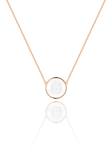 Necklace with a pendant with the letter G in rose gold with rock crystal, 1
