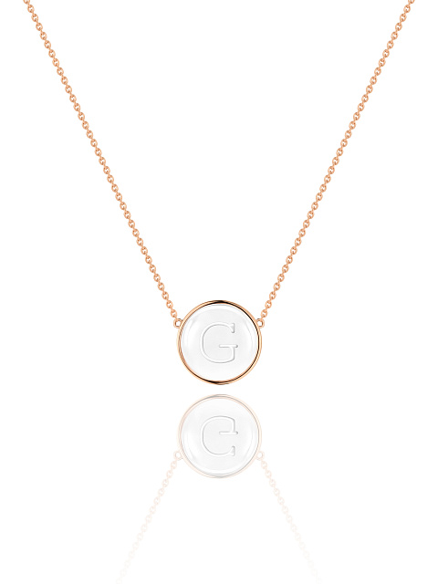 Necklace with a pendant with the letter G in rose gold with rock crystal, 1