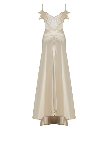 Beige Open Shoulder Feather Silk Maxi Dress, 1