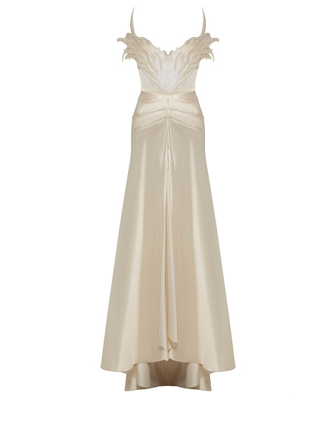 Beige Open Shoulder Feather Silk Maxi Dress, 1 Beige Open Shoulder Feather Silk Maxi Dress, 1