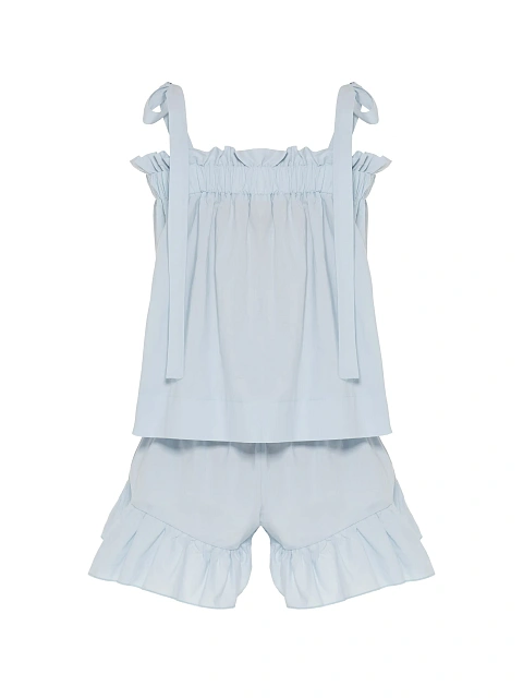 Light blue set with tie top and ruffled shorts, 2 Light blue set with tie top and ruffled shorts, 2