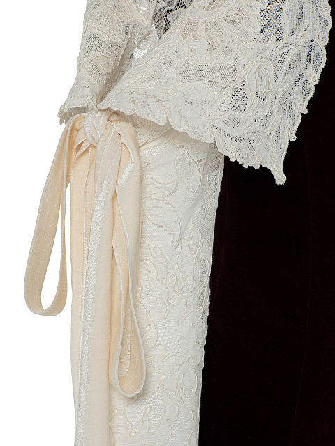 Burgundy Velvet Dress With Lace Sleeves And Ribbons, 3
