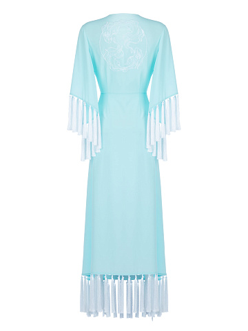 Light Blue Embroidered Silk Fringed Wrap Dress, 2