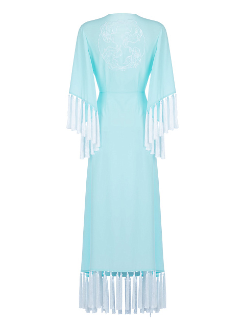 Light Blue Embroidered Silk Fringed Wrap Dress, 2