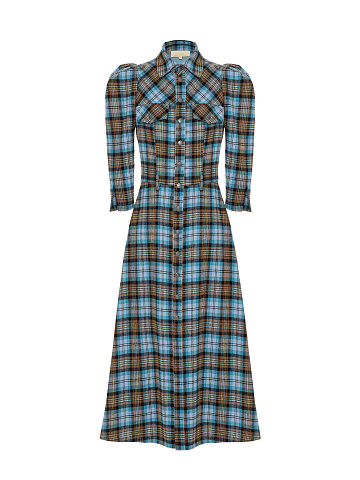 Brown & Light Blue Check Wool Midi Dress, 1