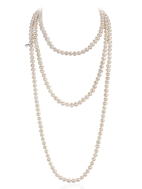 Silver necklace with white pearl beads, 150 cm, 1