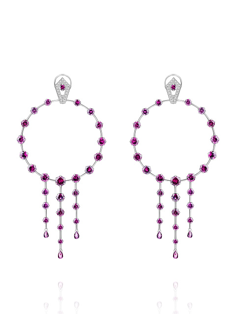 Hoop earrings in white gold with rhodolite garnet and diamonds, 1