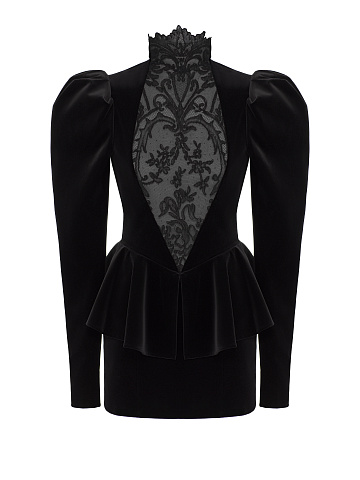 Black Lace Trim Peplum Velvet Mini Dress, 1