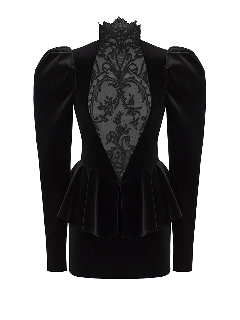 Black Lace Trim Peplum Velvet Mini Dress, 1 Black Lace Trim Peplum Velvet Mini Dress, 1