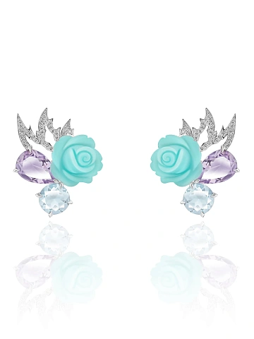 White gold stud earrings with carved chalcedony roses, amethysts, topazes and diamonds, 1
