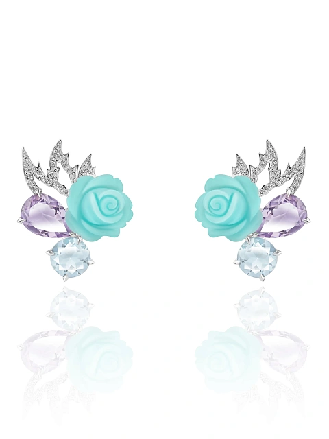 White gold stud earrings with carved chalcedony roses, amethysts, topazes and diamonds, 1