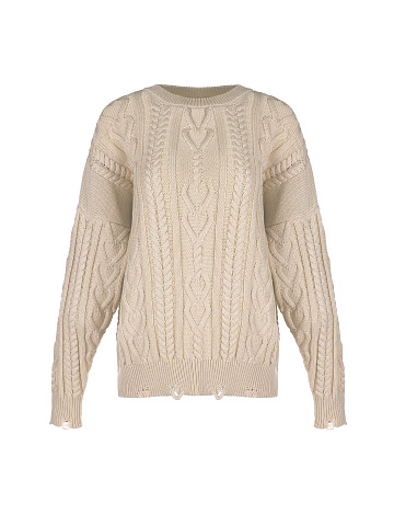 Beige Distressed Cable Knit Sweater, 1