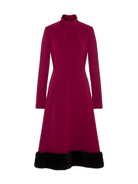 Burgundy Midi Dress With Mink Fur Trim, 1