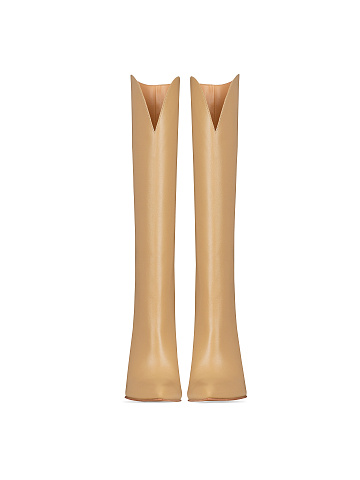 Beige Leather Heeled Tall Boots, 2