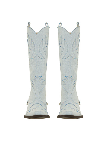 Light Blue Denim Embroidered Cowboy Boots, 2