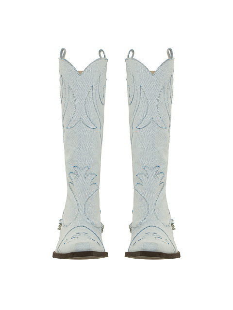 Light Blue Denim Embroidered Cowboy Boots, 2