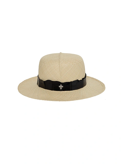 Black Crocodile Leather Trimmed Lily Straw Hat, 2 Black Crocodile Leather Trimmed Lily Straw Hat, 2