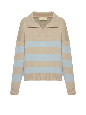 Beige & Blue Striped Cotton Pullover, 1