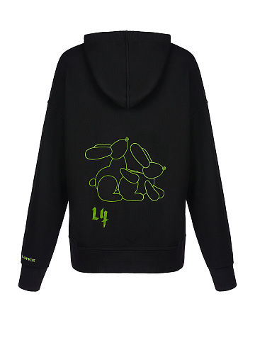 Neon Green Back Printed Black Cotton Hoodie, 1