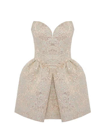 Beige & Gold Pattern Brocade Mini Dress, 1