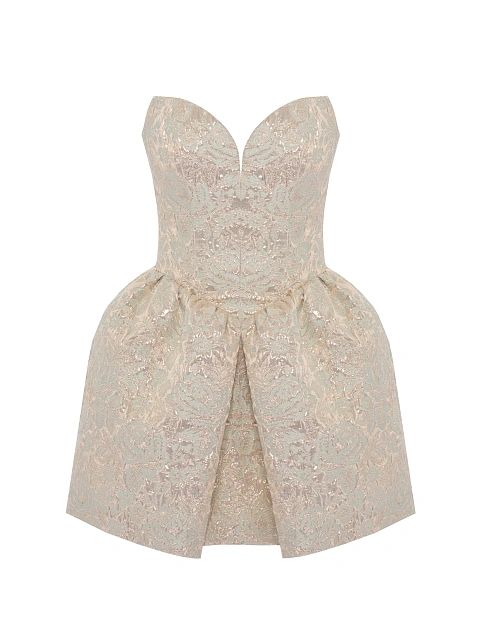 Beige & Gold Pattern Brocade Mini Dress, 1 Beige & Gold Pattern Brocade Mini Dress, 1