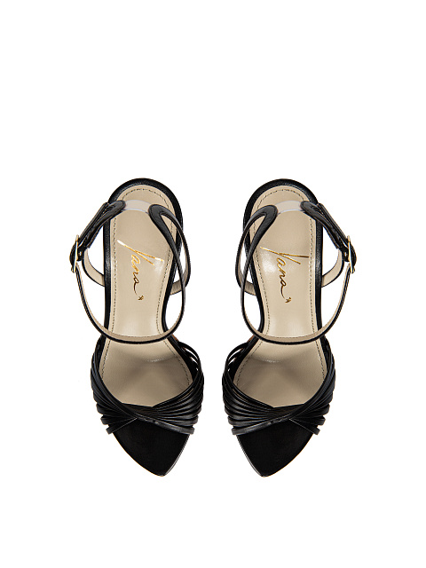 Black Leather High Heel Sandals, 4