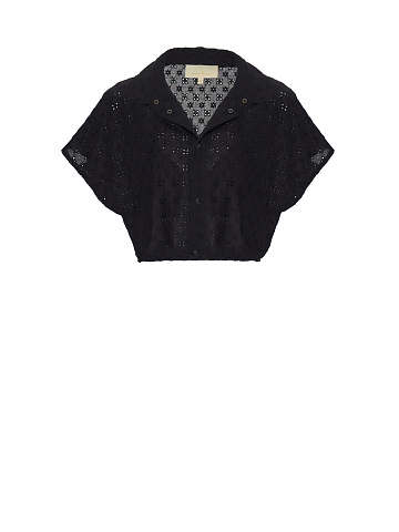 Black Cotton Lace Set Of Bra & Cropped Shirt, 2