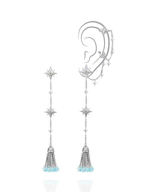 Briolette Topaz Sky Blue & Round Topaz Sky Blue & White Gold Tassel Earrings, 1
