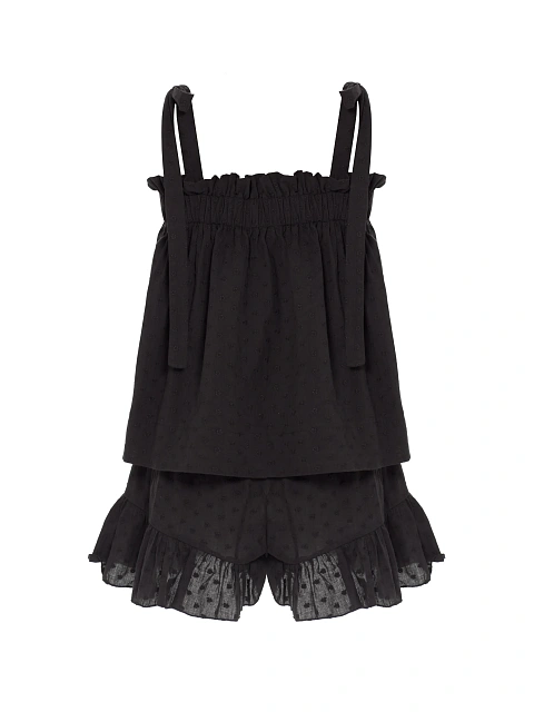 Black set with tie-front top and ruffled shorts, 2 Black set with tie-front top and ruffled shorts, 2