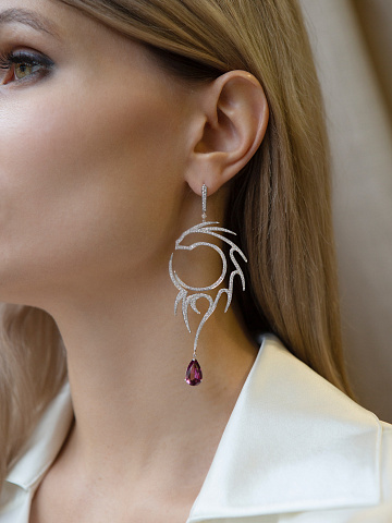 Pear Garnet, Round Diamond & White Gold Earrings, 2