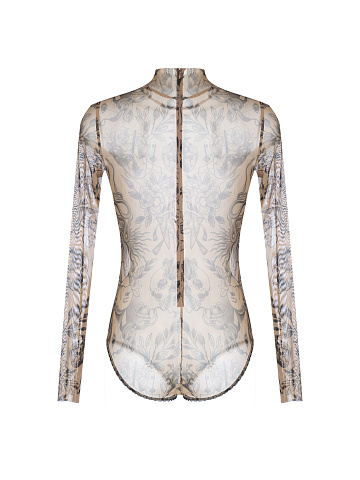 Beige Tattoo Printed Long Sleeve Bodysuit, 2