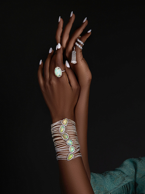 White Gold, Diamonds, Opals & Tsavorites Wide Bracelet, 4