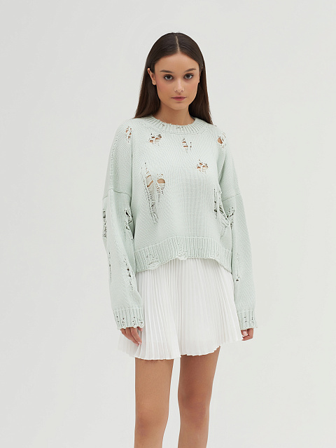 Mint Green Distressed Cropped Cotton Sweater, 4 Mint Green Distressed Cropped Cotton Sweater, 4