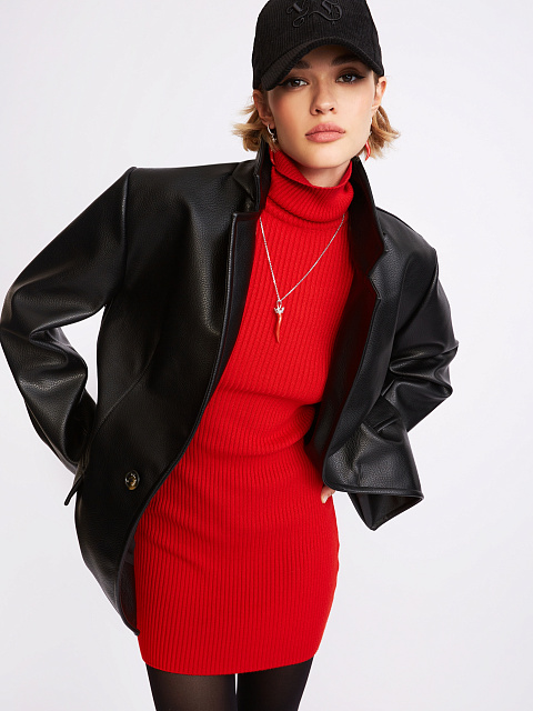 Red Rib Knit Turtleneck Mini Dress, 6 Red Rib Knit Turtleneck Mini Dress, 6