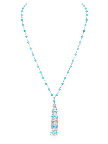 White gold necklace with tassel pendant, turquoise and diamonds, 1