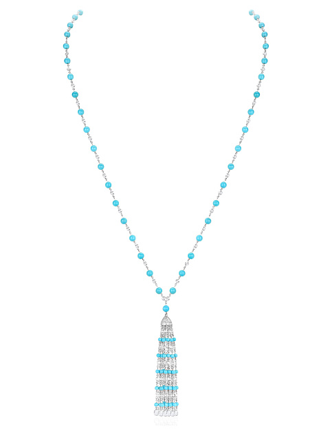 White gold necklace with tassel pendant, turquoise and diamonds, 1
