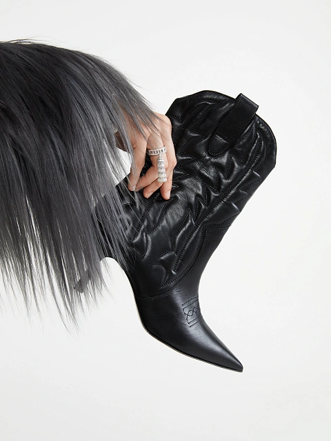 Black Leather High Heel Cowboy Boots, 5