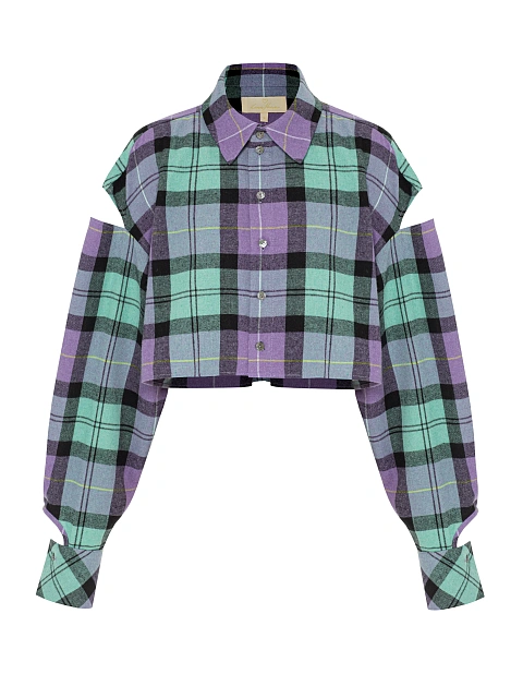 Purple Cut Out Cropped Check Shirt, 1 Purple Cut Out Cropped Check Shirt, 1