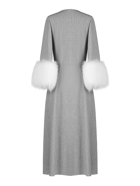 Grey Linen Fox Fur Midi Dress, 2