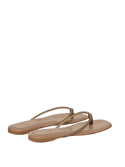 Beige Rhinestones Leather Flip-Flops, 3