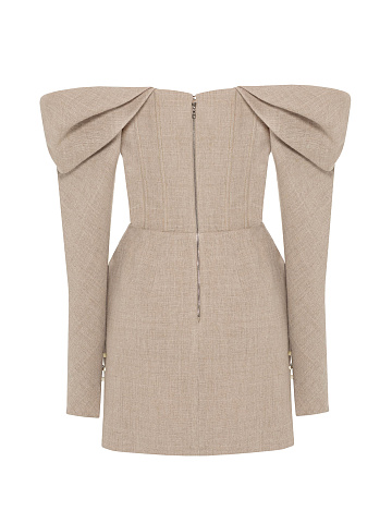 Beige Off Shoulder Linen Mini Dress, 2