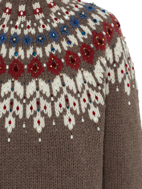 Brown Cashmere Sweater With Pattern And Pearls, 6