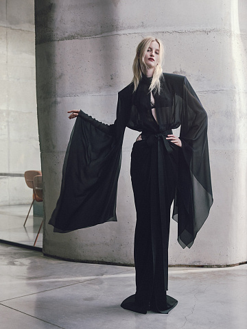 Black chiffon bodysuit blouse with lace, 2