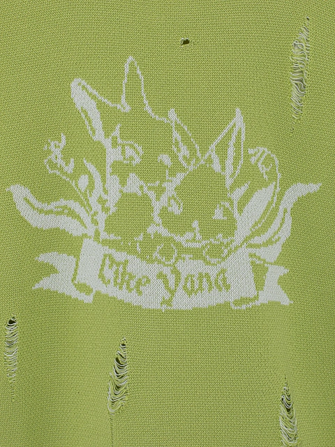 Neon Green Printed Distressed Cotton Sweater, 3 Neon Green Printed Distressed Cotton Sweater, 3