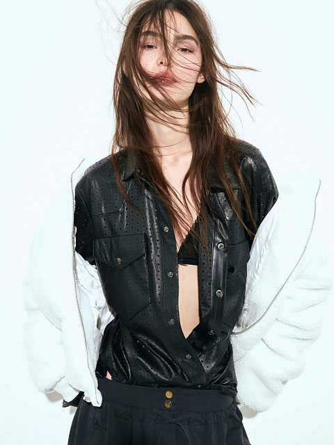 Black Perforated Faux Leather Shirt, 2 Black Perforated Faux Leather Shirt, 2