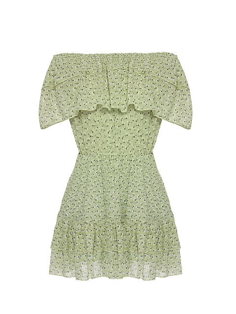 Light Green Flower Printed Off Shoulder Mini Dress, 1 Light Green Flower Printed Off Shoulder Mini Dress, 1