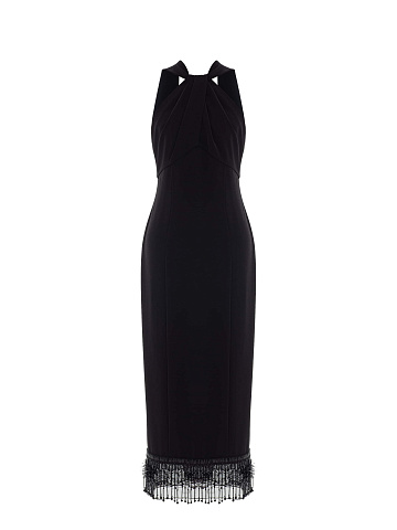 Black Off Shoulder Midi Dress with Fringe, 1