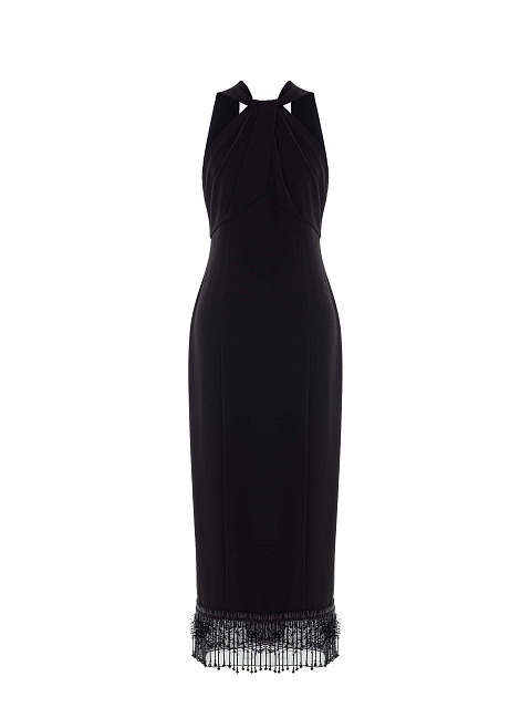 Black Off Shoulder Midi Dress with Fringe, 1